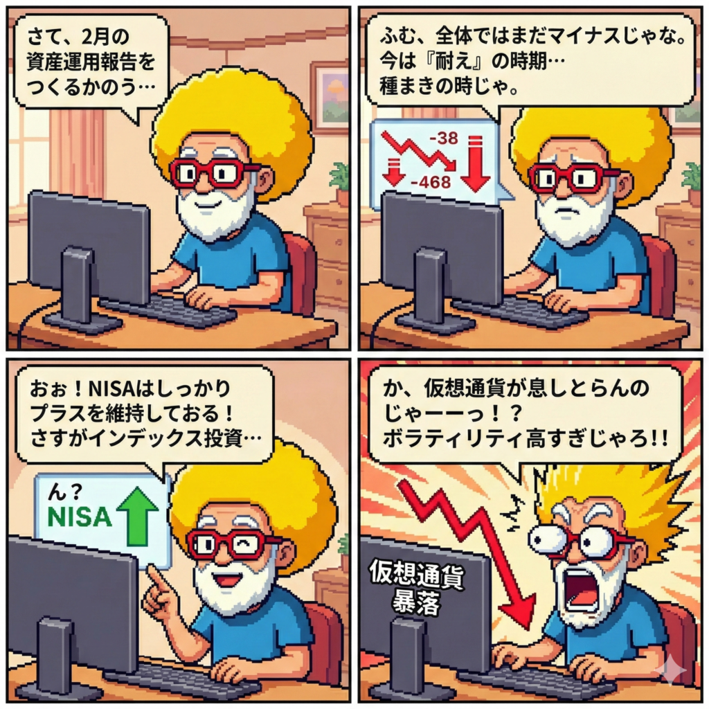 【４コマ漫画#044】投資の光と影 （ボラに震える）