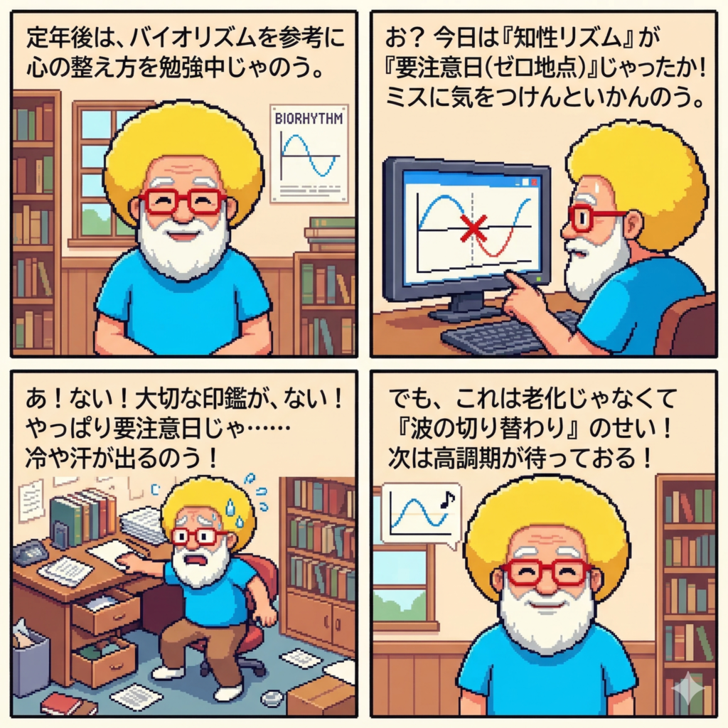 【4コマ漫画#057】波に任せる活用術(老化じゃないぞ)