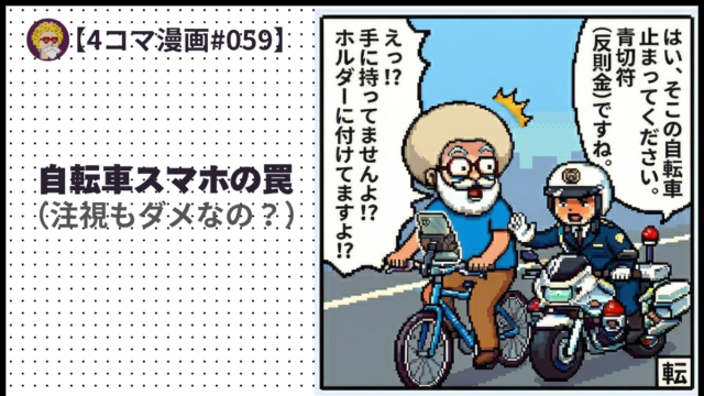 【４コマ漫画#059】自転車スマホの罠 （注視もダメなの？）