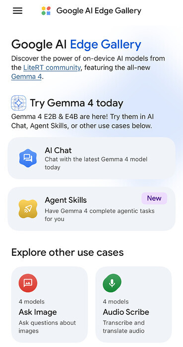 Google AI Edge Galleryを開き、「AI Chat」を選択