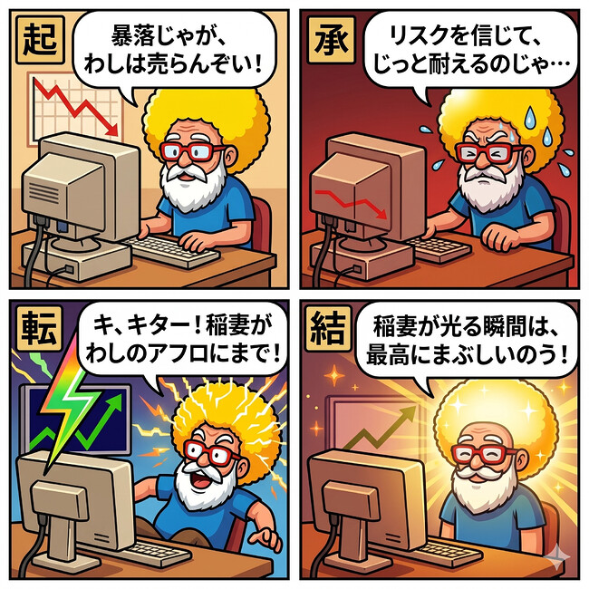 【４コマ漫画#075】 暴落に耐える（稲妻の輝き）