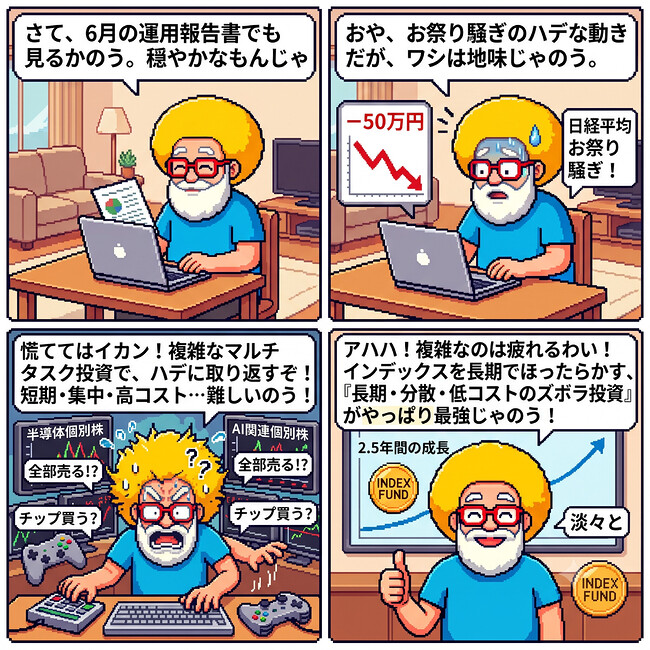 【４コマ漫画#096】ズボラ投資が最強じゃ！（お祭り相場に焦るシニアの投資リアル）