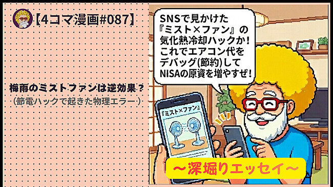 【4コマ漫画#087】梅雨のミストファンは逆効果？（節電ハックで起きた物理エラー ）