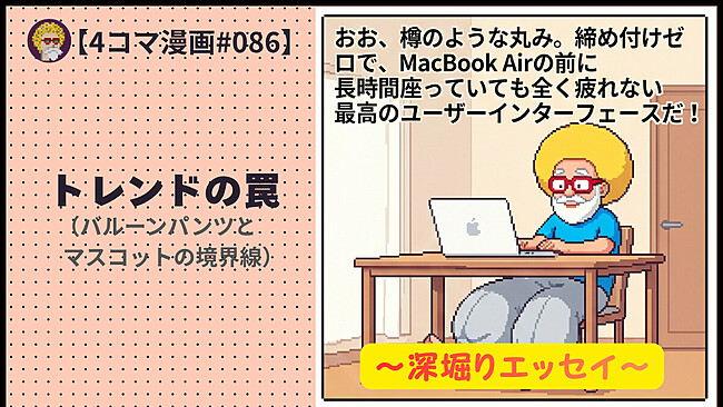 【４コマ漫画#086】トレンドの罠（バルーンパンツとマスコットの境界線）