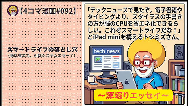 【４コマ漫画#092】スマートライフの落とし穴（脳は省エネ、AIはシステムエラー？）