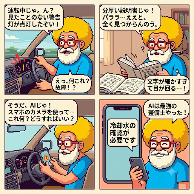 【4コマ漫画#101】AIは最強の整備士（車の警告灯パニックからの脱出！）