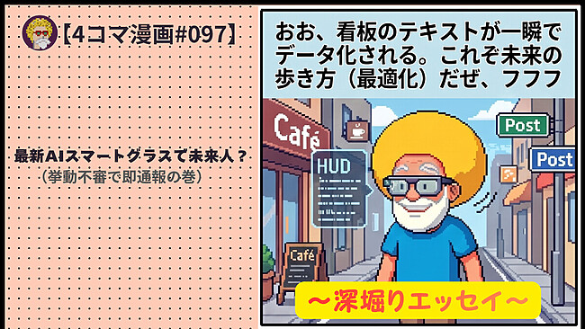 【４コマ漫画#097】最新AIスマートグラスで未来人？（挙動不審で即通報の巻）