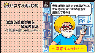 【４コマ漫画#105】真夏の温度管理と足元の盲点（冷房全開の書斎から灼熱の車へ）