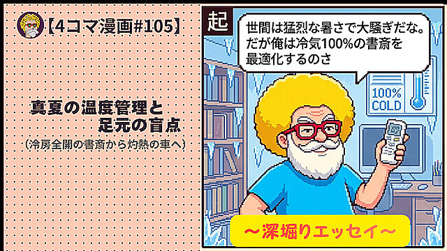 【４コマ漫画#105】真夏の温度管理と足元の盲点（冷房全開の書斎から灼熱の車へ）