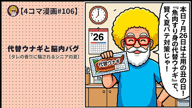 【４コマ漫画#106】代替ウナギと脳内バグ（タレの香りに騙されるシニアの夏）